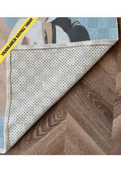 Mavi Bej Temalı Erkek ve Kadın Portre Desenli Modern Dekoratif Banyo Paspası 90×60 Dijital Baskı fırsatları