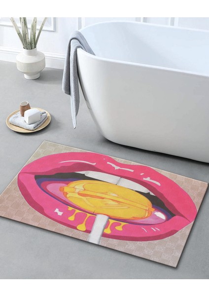 Sarı Pembe Temalı Lolipop ve Dudak Desenli Modern Dekoratif Banyo Paspası 90×60 Dijital Baskı