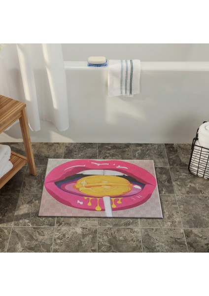 Sarı Pembe Temalı Lolipop ve Dudak Desenli Modern Dekoratif Banyo Paspası 90×60 Dijital Baskı fiyatları