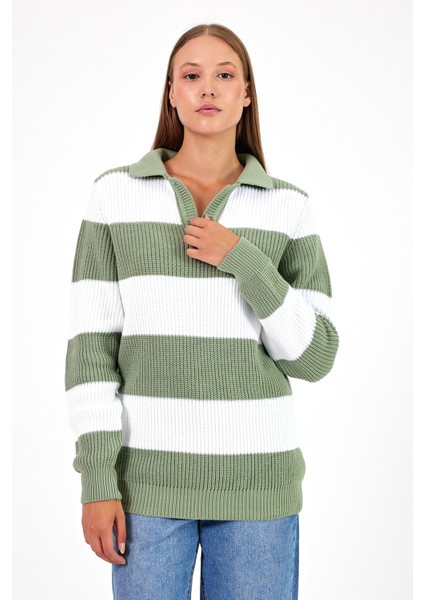 Kadın Çizgili Şeritli Comfort V Polo Yaka Triko modelleri