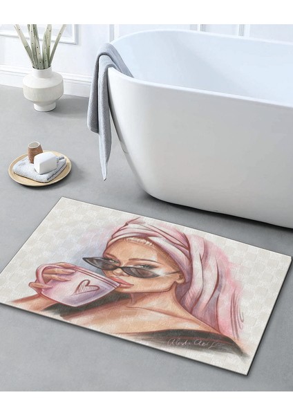 Pudra Bej Temalı Kadın Portre Desenli Modern Dekoratif Banyo Paspası 90×60 Dijital Baskı