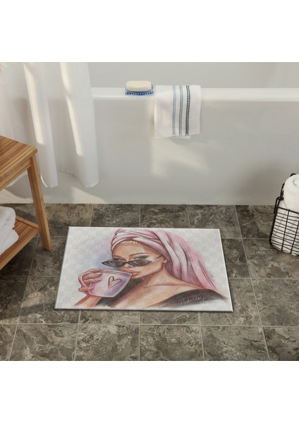 Pudra Bej Temalı Kadın Portre Desenli Modern Dekoratif Banyo Paspası 90×60 Dijital Baskı fiyatları