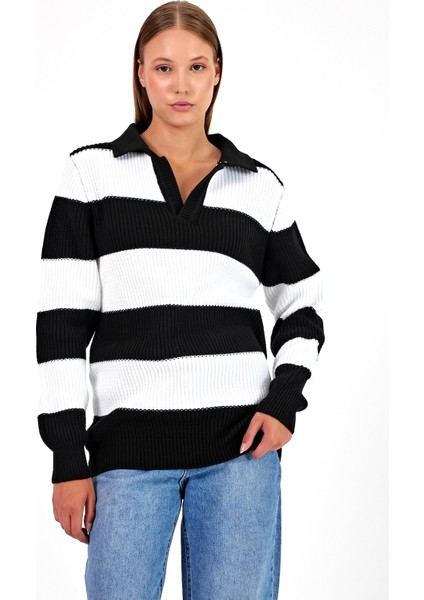 Kadın Çizgili Şeritli Comfort V Polo Yaka Triko