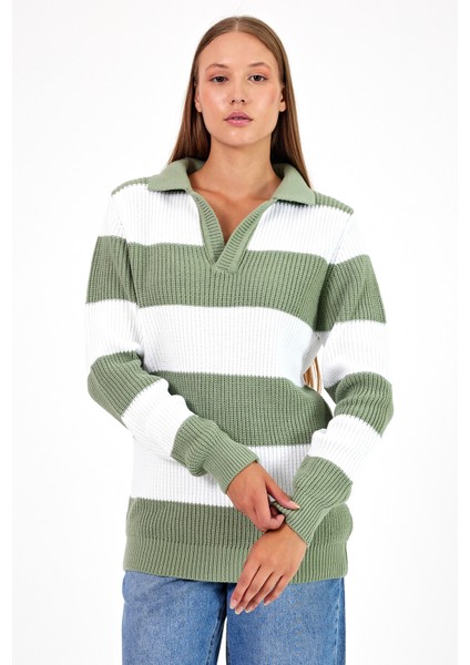 Kadın Çizgili Şeritli Comfort V Polo Yaka Triko