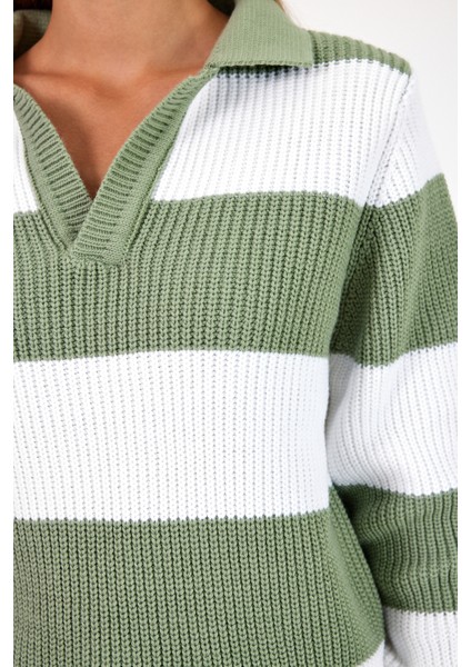 Kadın Çizgili Şeritli Comfort V Polo Yaka Triko