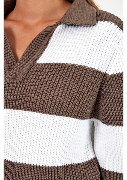 Kadın Çizgili Şeritli Comfort V Polo Yaka Triko