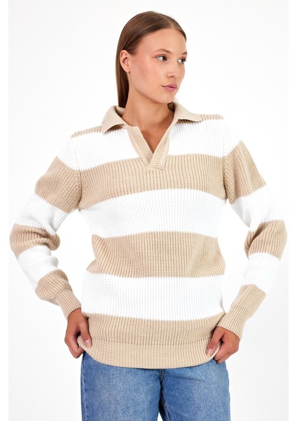 Kadın Çizgili Şeritli Comfort V Polo Yaka Triko