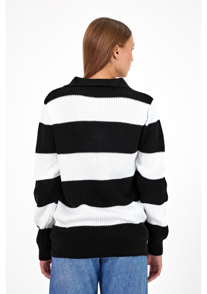 Kadın Çizgili Şeritli Comfort V Polo Yaka Triko