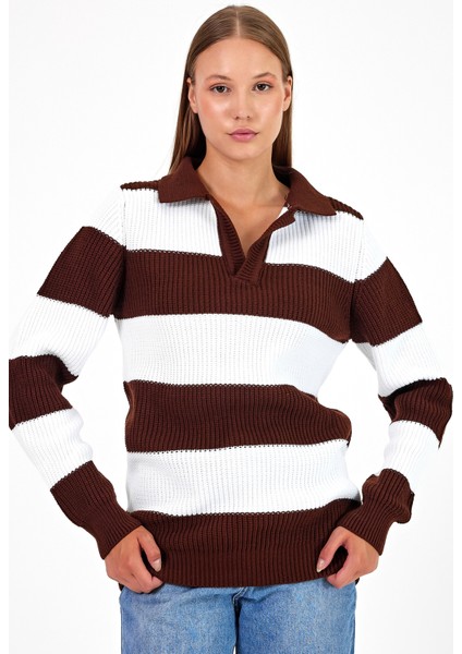 Kadın Çizgili Şeritli Comfort V Polo Yaka Triko