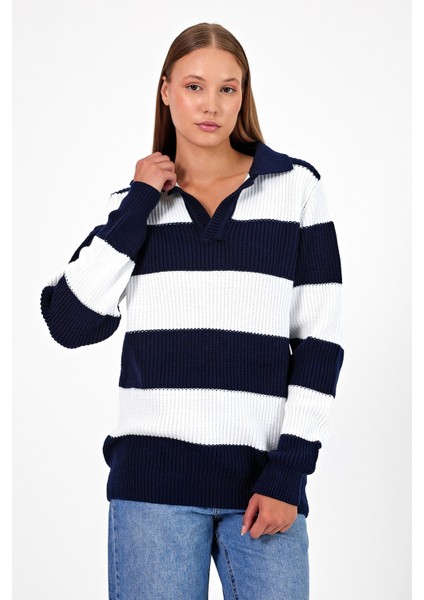 Kadın Çizgili Şeritli Comfort V Polo Yaka Triko