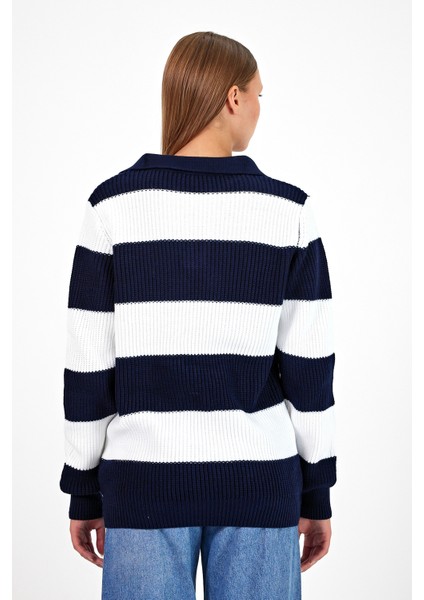 Kadın Çizgili Şeritli Comfort V Polo Yaka Triko