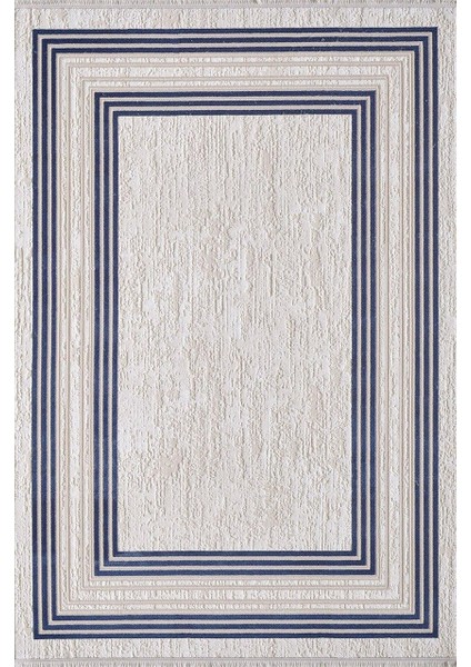 Murano 09164c Bej Lacivert Çizgili Çerçeveli Yün Halı