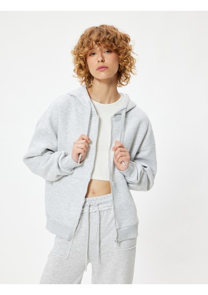 Kapüşonlu Fermuarlı Oversize Sweatshirt Kanguru Cepli