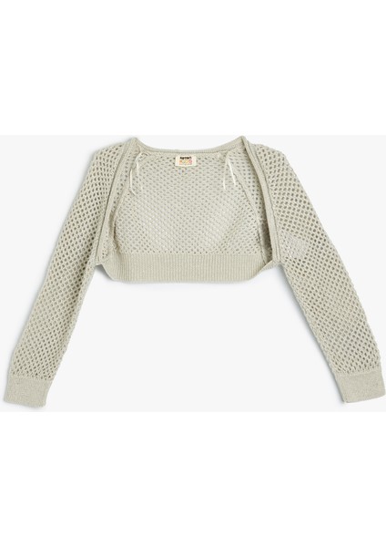 Crop Triko Hırka Ajurlu Uzun Kollu