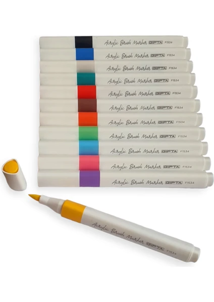 F1534 Akrilik Brush Marker (Fırça Uçlu Boya Makörü) 12 Renk Plastik Çantalı