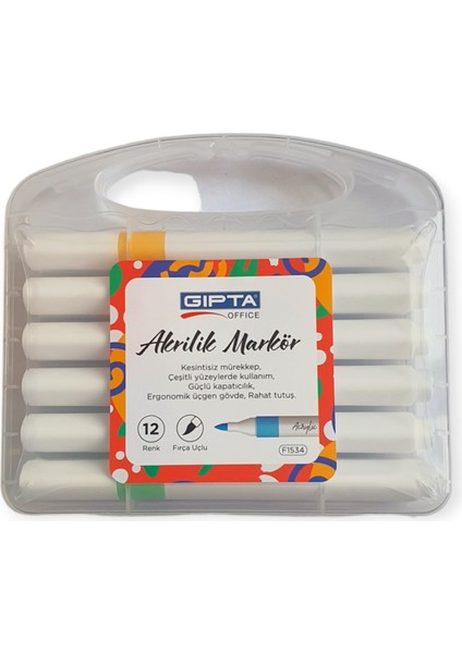 F1534 Akrilik Brush Marker (Fırça Uçlu Boya Makörü) 12 Renk Plastik Çantalı