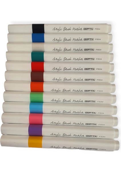 F1534 Akrilik Brush Marker (Fırça Uçlu Boya Makörü) 12 Renk Plastik Çantalı