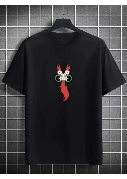 Bisiklet Yaka Baskılı Oversize T-Shirt - Siyah