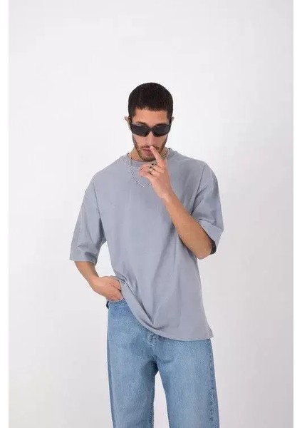 Basic Bisiklet Yaka Oversize T-Shirt - Gri