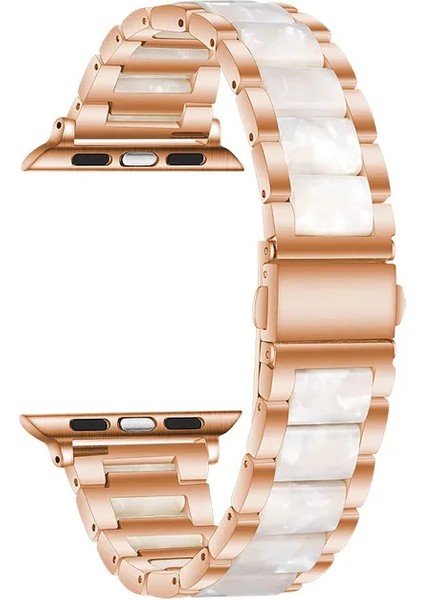 Apple Watch Seri SE/11/10/9/8/7/6/5/4/3 ile Uyumlu 42MM-41MM-40MM-38MM Seramik Reçine Metal Kordon Rose Gold Beyaz