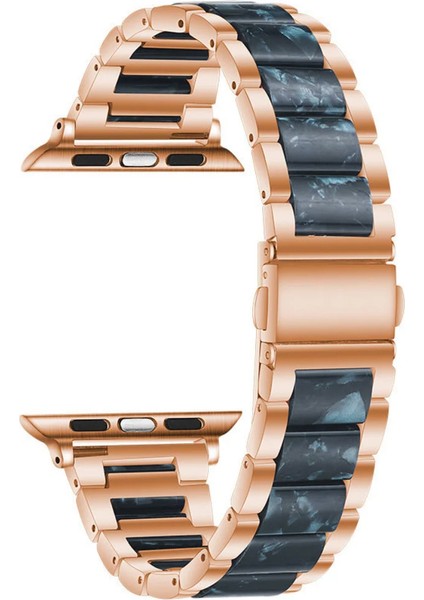 Apple Watch Seri SE/10/9/8/7/6/5/4/3 ile Uyumlu 46MM-45MM-44MM-42MM Seramik Reçine Metal Kordon Rose Gold Lacivert