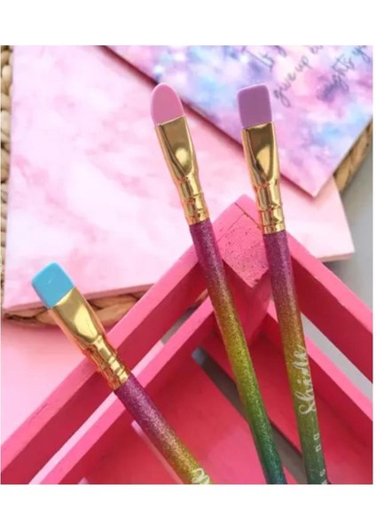 Silgi Başlıklı Kurşun Kalem 3 Adet Simli ve Gold Makyaj Fırçası Görünümlü Kurşun Kalem Soft Renklerde Silgi