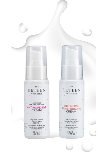 The RETEEN Cosmetics Ikili Set Avantajlı Fiyat Yaşlanma Torba Karşıtı Ton Eşitleyici Lumisphere Kolajen Göz Kremi 50 ml ve 24 Saat Etkili Yoğun Onarıcı Kırmızı Yosun Bariyer Koruyucu Nemlendirici Cilt Bakım Kremi 50 ml