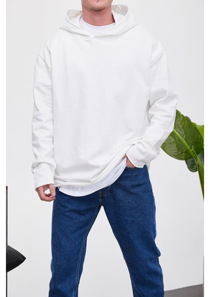 Pis Etek Kapüşonlu Beyaz Sweatshirt