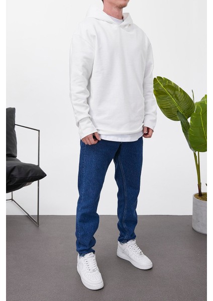 Pis Etek Kapüşonlu Beyaz Sweatshirt