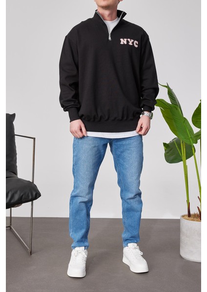 Nyc Yakası Fermuarlı Siyah Sweatshirt