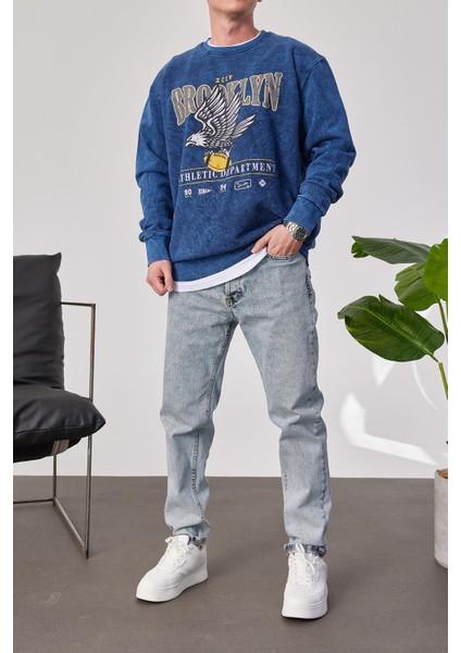 Brooklyn Yıkamalı Mavi Sweatshirt