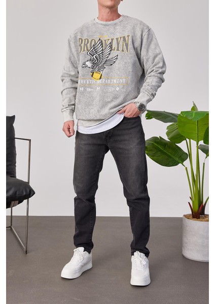 Brooklyn Yıkamalı Gri Sweatshirt