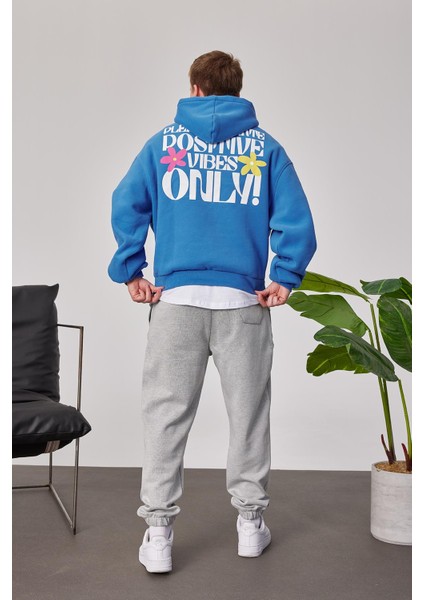 Positive Vibes Mavi Kapüşonlu Sweatshirt