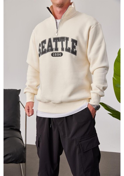 Seattle Yakası Fermuarlı Krem Sweatshirt