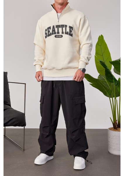 Seattle Yakası Fermuarlı Krem Sweatshirt