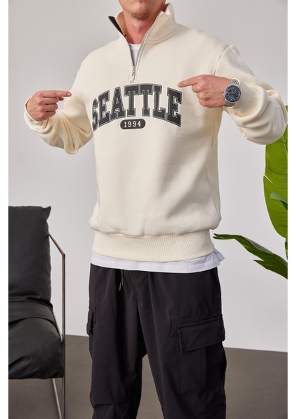 Seattle Yakası Fermuarlı Krem Sweatshirt