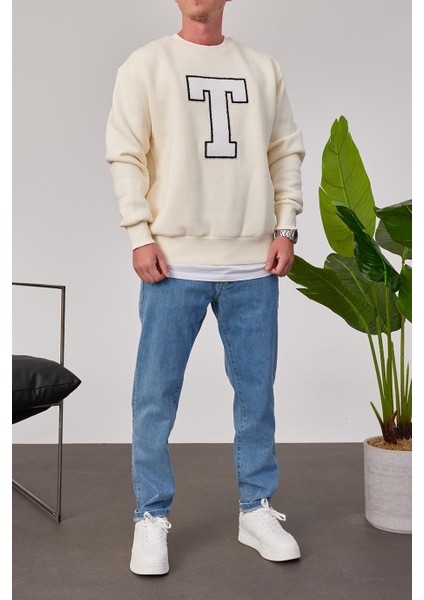 T Harf Baskılı Krem Sweatshirt modelleri