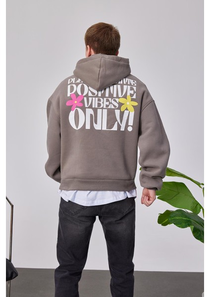 Positive Vibes Kahverengi Kapüşonlu Sweatshirt