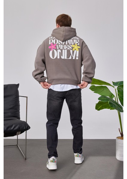 Positive Vibes Kahverengi Kapüşonlu Sweatshirt modelleri