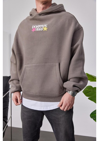 Positive Vibes Kahverengi Kapüşonlu Sweatshirt fırsatları