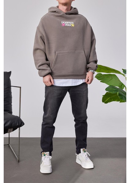 Positive Vibes Kahverengi Kapüşonlu Sweatshirt indirimleri