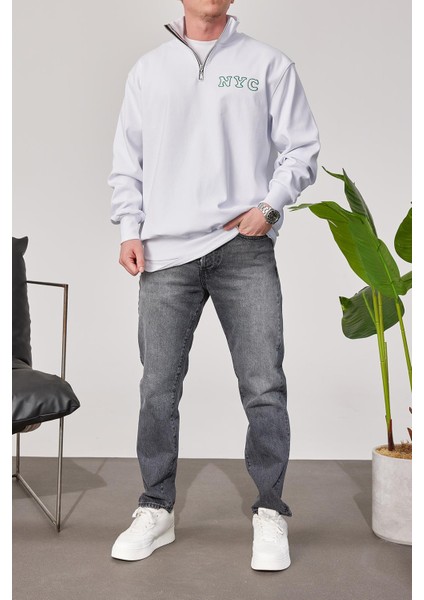 Nyc Yakası Fermuarlı Beyaz Sweatshirt