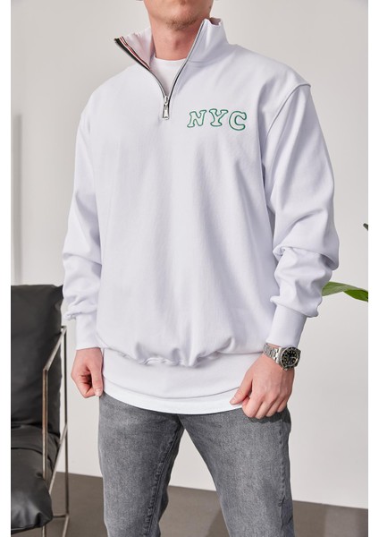 Nyc Yakası Fermuarlı Beyaz Sweatshirt fiyatları