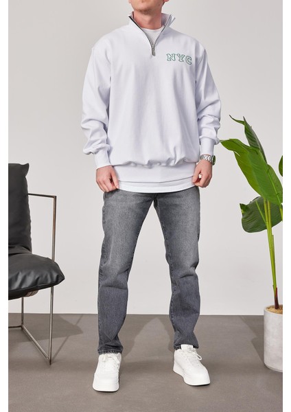 Nyc Yakası Fermuarlı Beyaz Sweatshirt modelleri