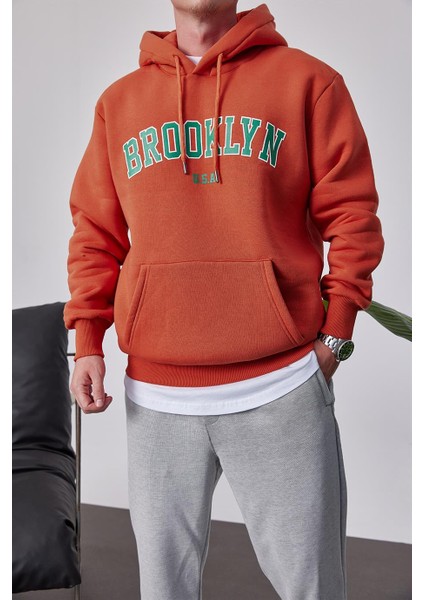 Brooklyn Baskılı Kiremit Kapüşonlu Sweatshirt