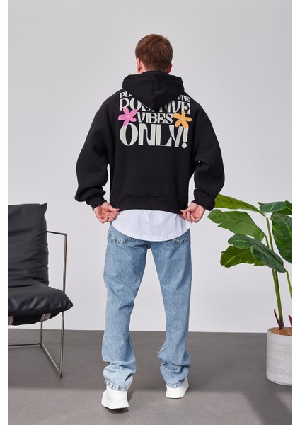 Positive Vibes Siyah Kapüşonlu Sweatshirt
