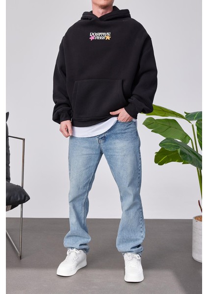 Positive Vibes Siyah Kapüşonlu Sweatshirt