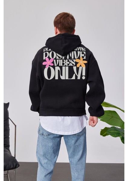 Positive Vibes Siyah Kapüşonlu Sweatshirt