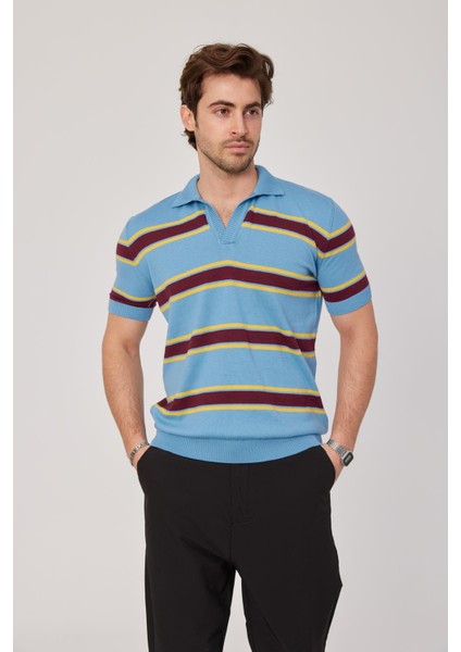 Enine Renkli Çizgili Mavi Triko Kumaş Tshirt