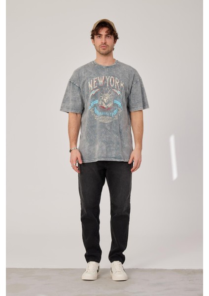New York Baskılı Yıkamalı Gri Tshirt